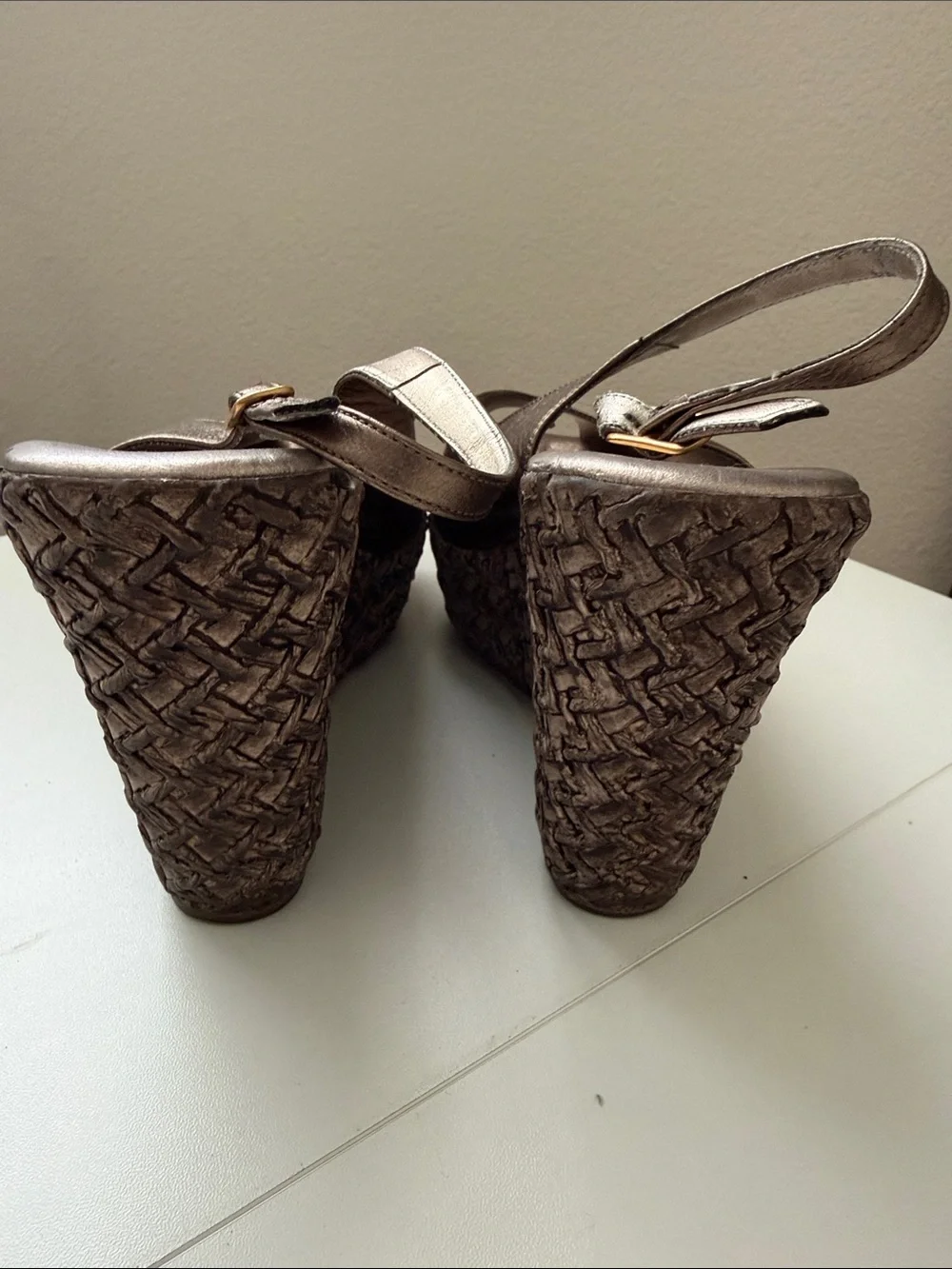 Peep-Toe Slingback Wedges in Metallic Bronze